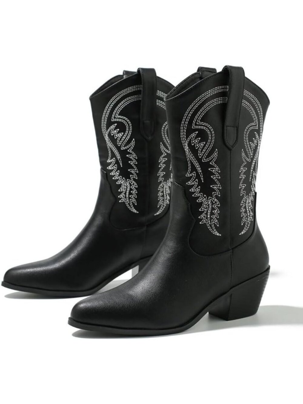 Women’s Black Embroidered Cowboy Boots Wide Calf Cowgirl Boots Stacked Heel